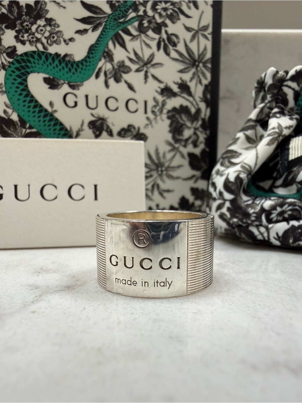 Gucci Silver-Engraved Logo Wide Band Ring